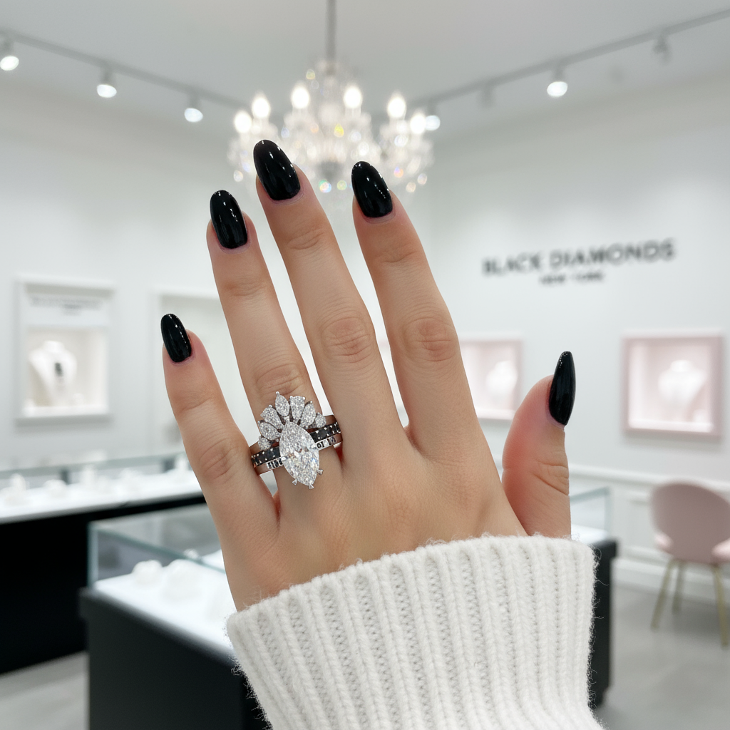 Ride or Die Wedding Rings- 2.5 Ct Marquise Cut Diamond Gothic Bridal Set in 14k White Gold-Black Diamonds New York