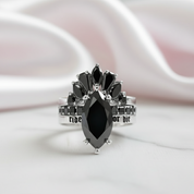Ride or Die Wedding Rings- 2.5 Ct Marquise Cut Diamond Gothic Bridal Set in 14k White Gold-Black Diamonds New York
