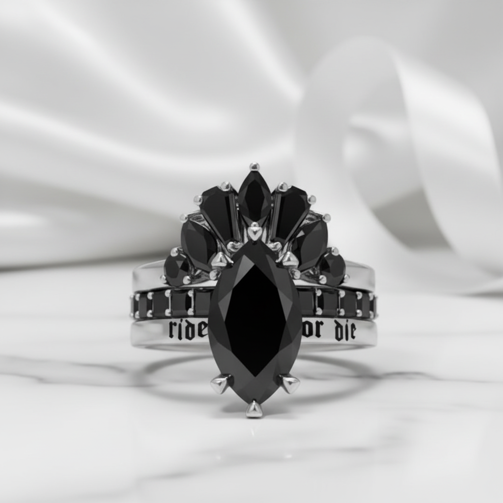 Ride or Die Wedding Rings- 2.5 Ct Marquise Cut Diamond Option Gothic Bridal Set in 14k White Gold