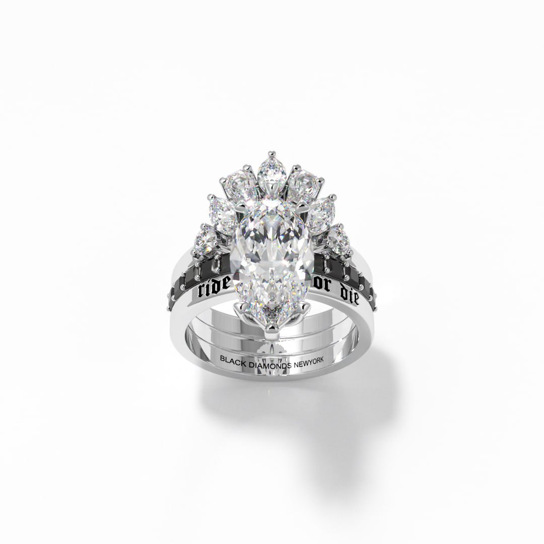 Ride or Die Wedding Rings- 2.5 Ct Marquise Cut Diamond Option Gothic Bridal Set in 14k White Gold