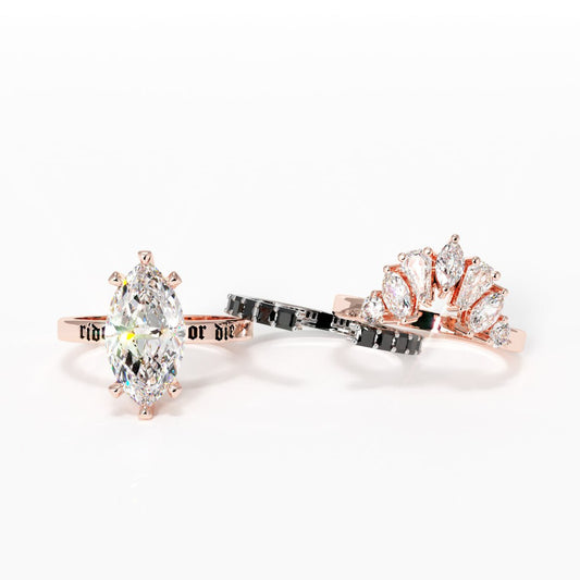 My Ride or Die Promise Rings- 2.5 ct Marquise Cut Diamond Gothic Bridal Set in 14k White Gold - Black Diamonds New York