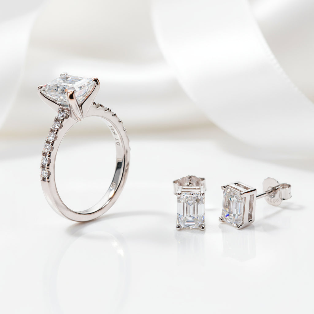 3ct Emerald Cut Moissanite Engagement Ring and Earrings Set-Black Diamonds New York