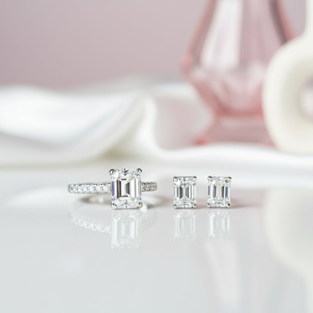3ct Emerald Cut Moissanite Engagement Ring and Earrings Set-Black Diamonds New York