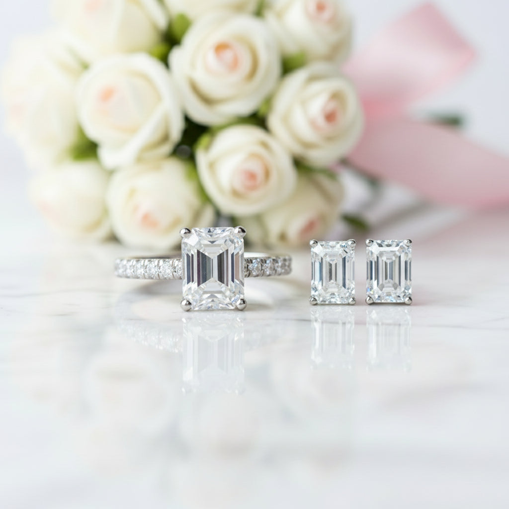 3ct Emerald Cut Moissanite Engagement Ring and Earrings Set-Black Diamonds New York