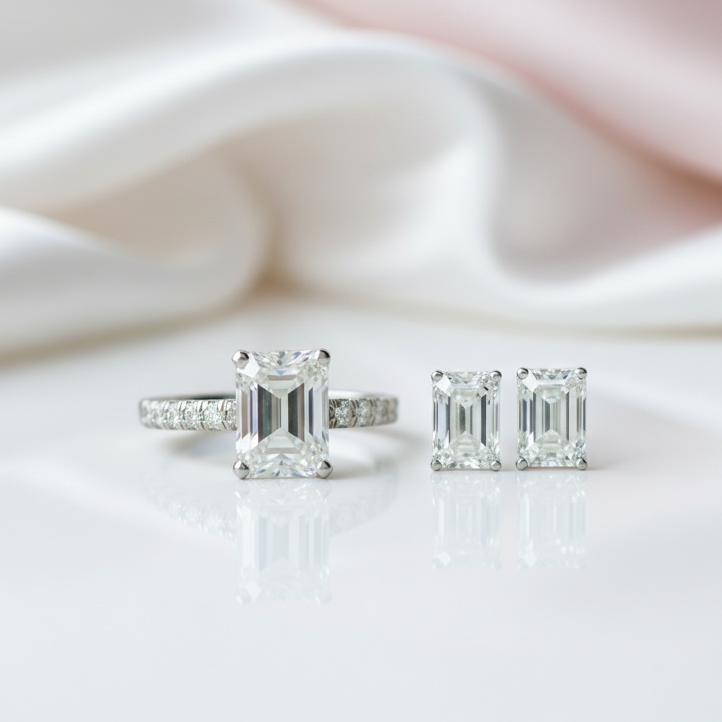 3ct Emerald Cut Moissanite Engagement Ring and Earrings Set-Black Diamonds New York