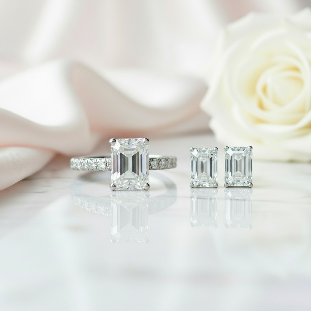 3ct Emerald Cut Moissanite Engagement Ring and Earrings Set-Black Diamonds New York