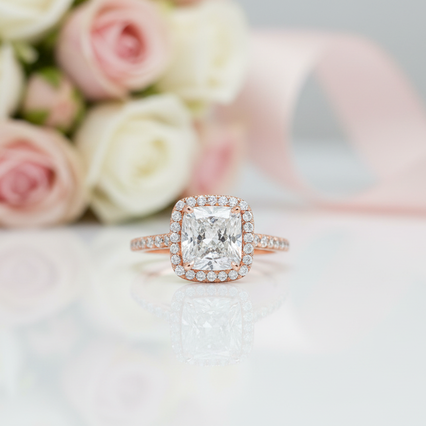 Classic Rose Gold Halo Radiant Cut Engagement Ring-Black Diamonds New York