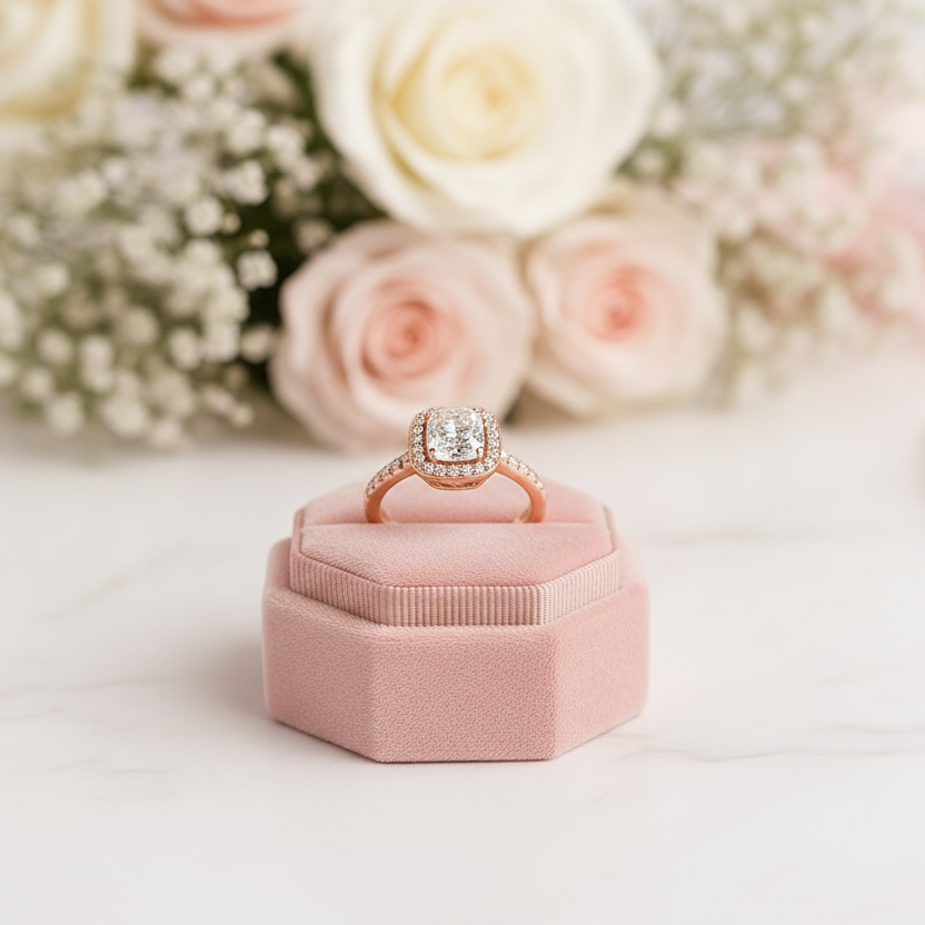 Classic Rose Gold Halo Radiant Cut Engagement Ring-Black Diamonds New York