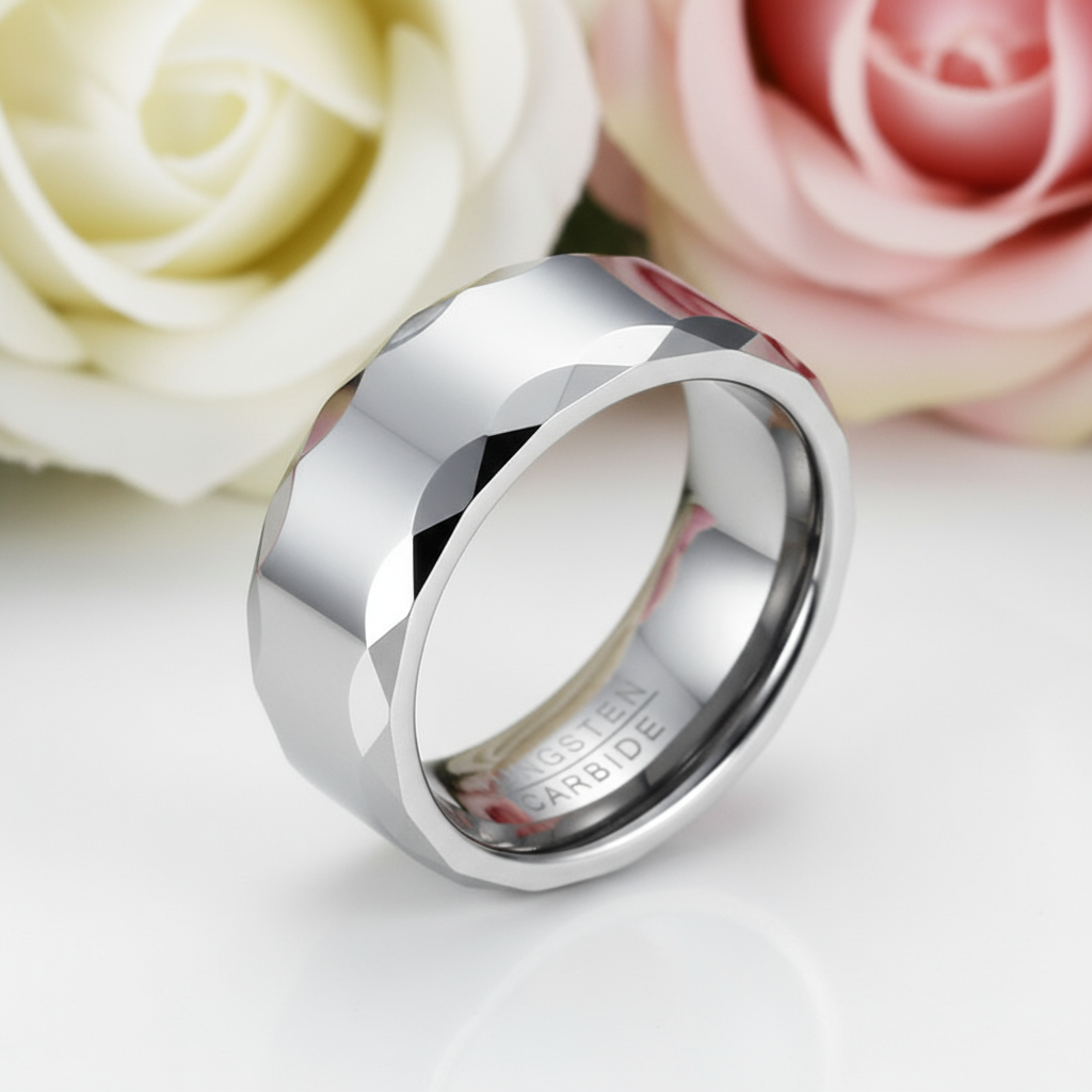 Rippled Edges Men's Tungsten Carbide Wedding Band-Black Diamonds New York