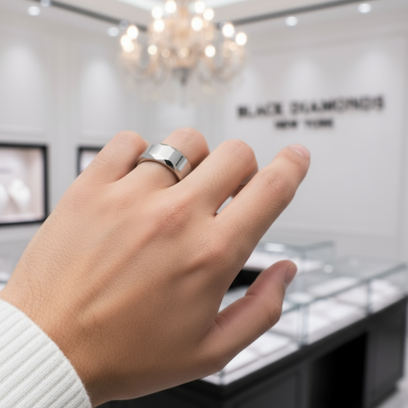 Rippled Edges Men's Tungsten Carbide Wedding Band-Black Diamonds New York