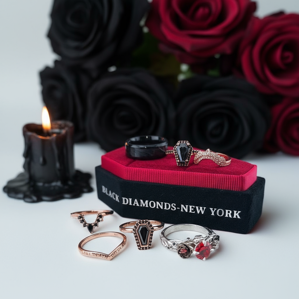 Married Till Buried Personalized Coffin Ring Box-Black Diamonds New York