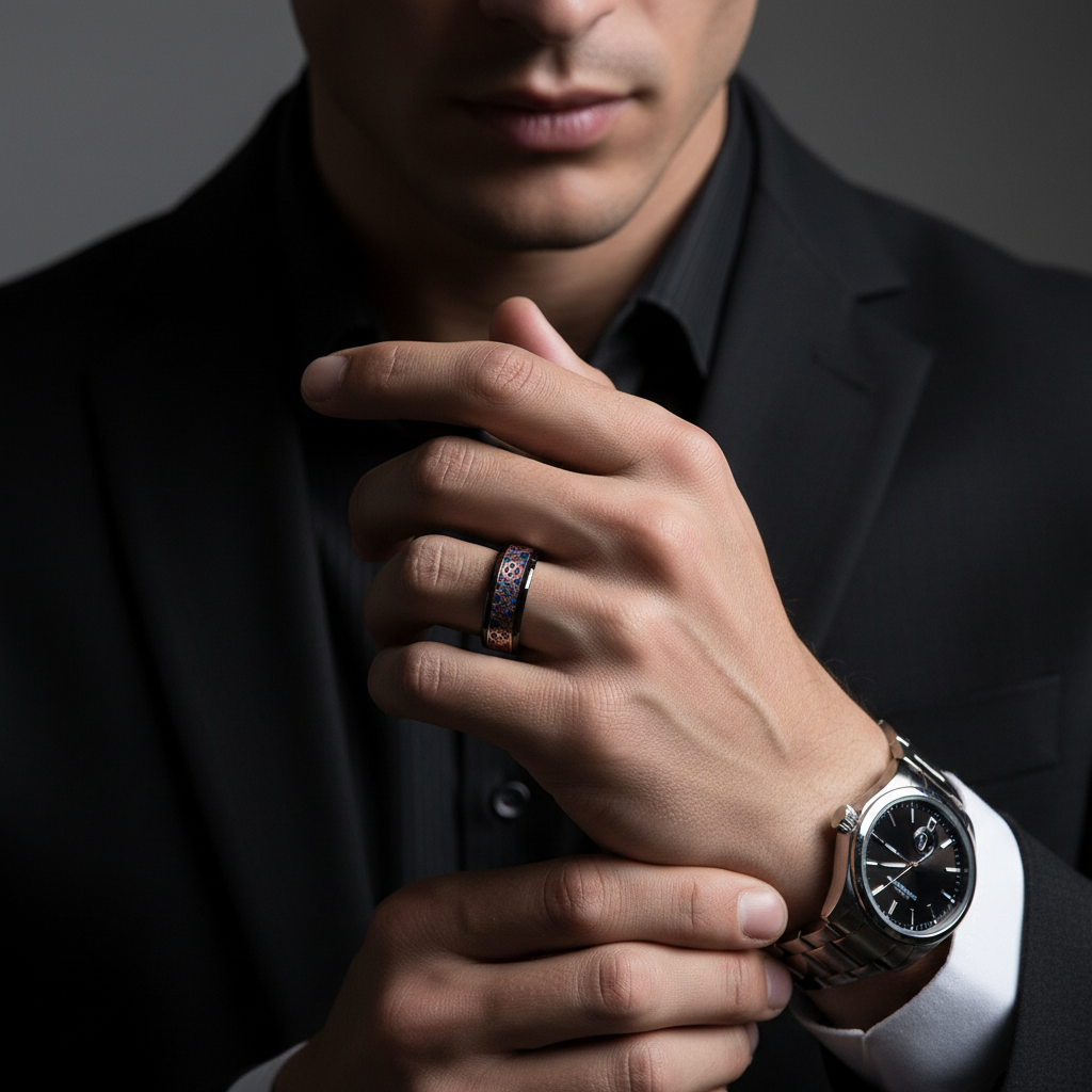 Blue & Gears Inlay Men's Tungsten Wedding Band-Black Diamonds New York