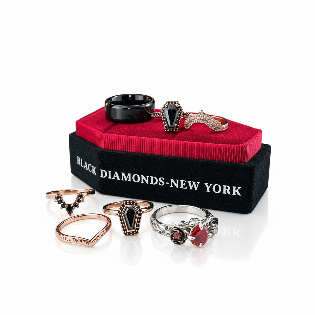 Married Till Buried Personalized Coffin Ring Box-Black Diamonds New York