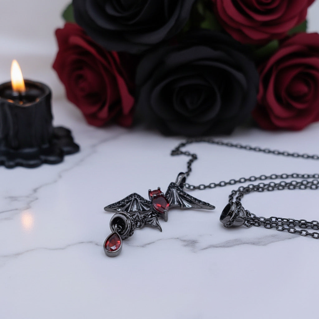 Bat Shaped Natural Garnet Vintage Gothic Punk Necklace-Black Diamonds New York