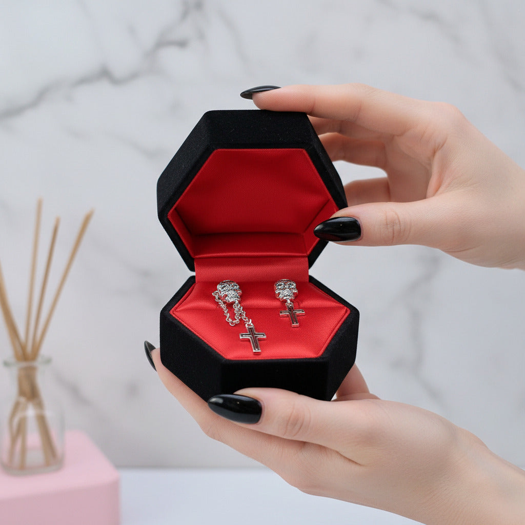 Candy Skull With Cross Stud Earrings-Black Diamonds New York