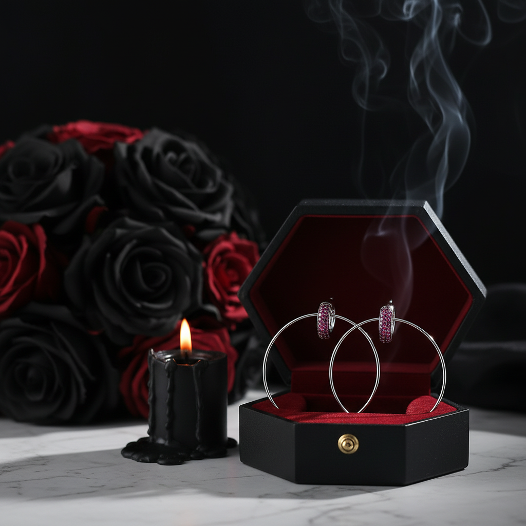 Round Retro Lab Created Ruby Punk Wind Drop Earrings-Black Diamonds New York