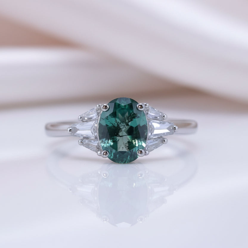 Oval Cut Natural Moss Agate 4 Prong Engagement Ring-Black Diamonds New York