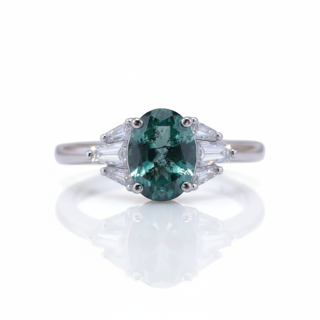 Oval Cut Natural Moss Agate 4 Prong Engagement Ring-Black Diamonds New York