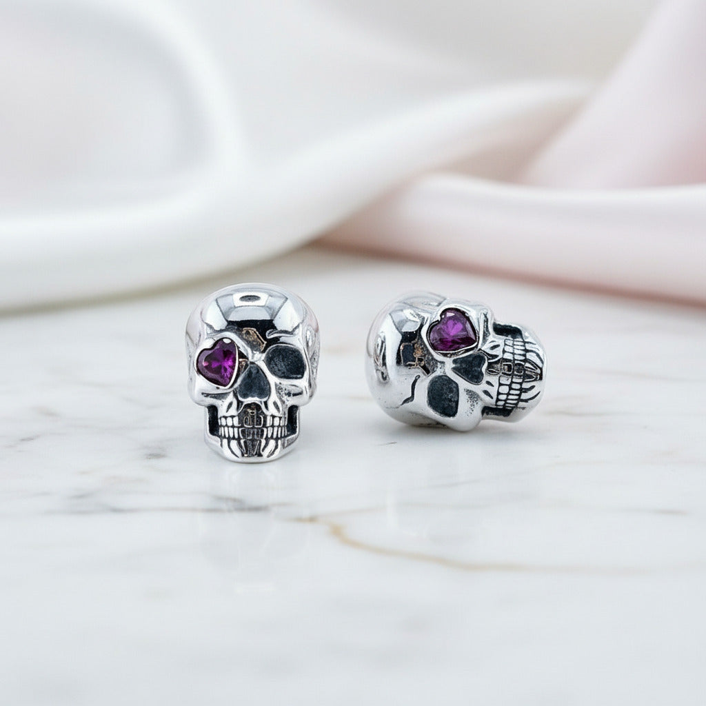 Cool Skull Pink Heart-shaped Diamond Stud Earrings-Black Diamonds New York
