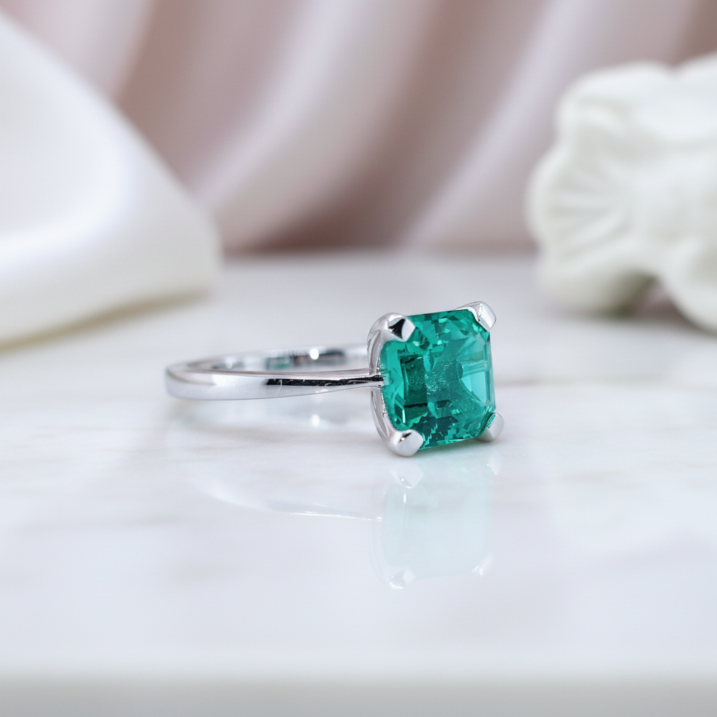 Classic 3.0 Ct Asscher Cut Colombian Cultivated Emerald Engagement Ring-Black Diamonds New York