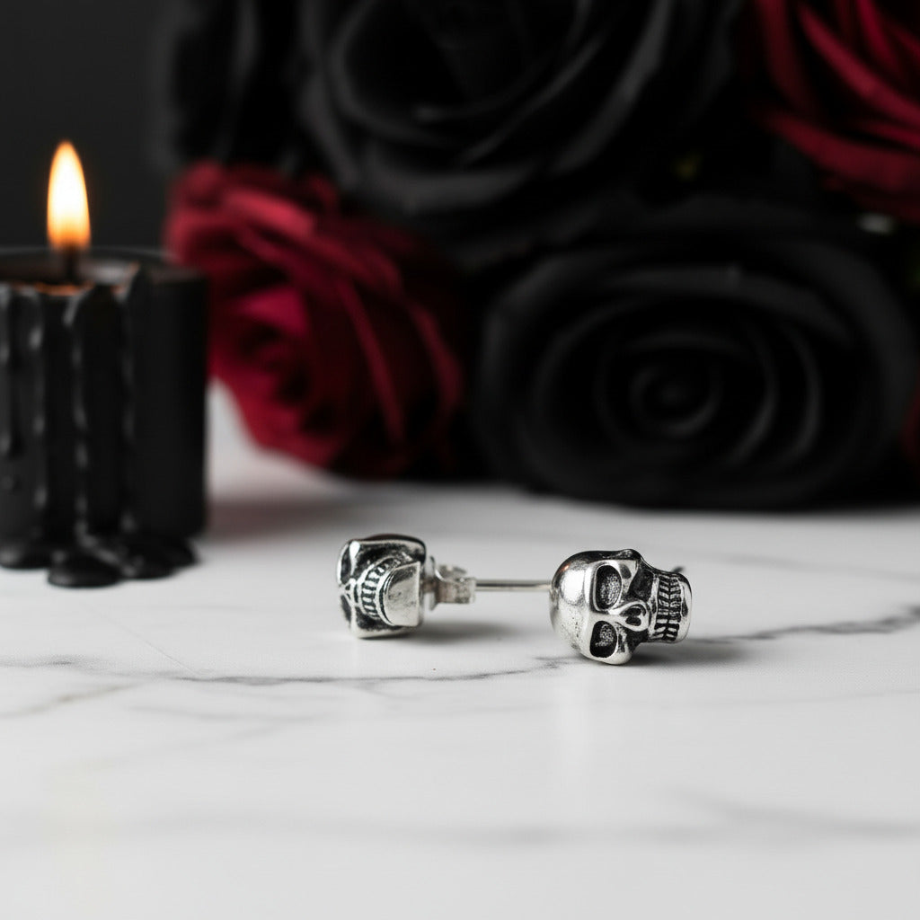 Gothic Skull Stud Earrings-Black Diamonds New York