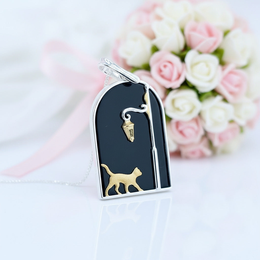 Cute Cat under the Street Lamp Necklace-Black Diamonds New York