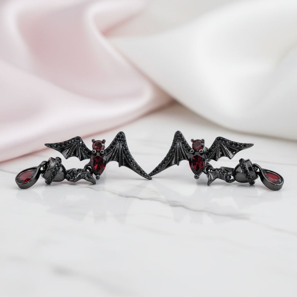 Bat Shaped Natural Garnet Vintage Gothic Punk Earrings-Black Diamonds New York