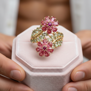 Colorful Tourmaline & Orange Corundum Flower Ring-Black Diamonds New York