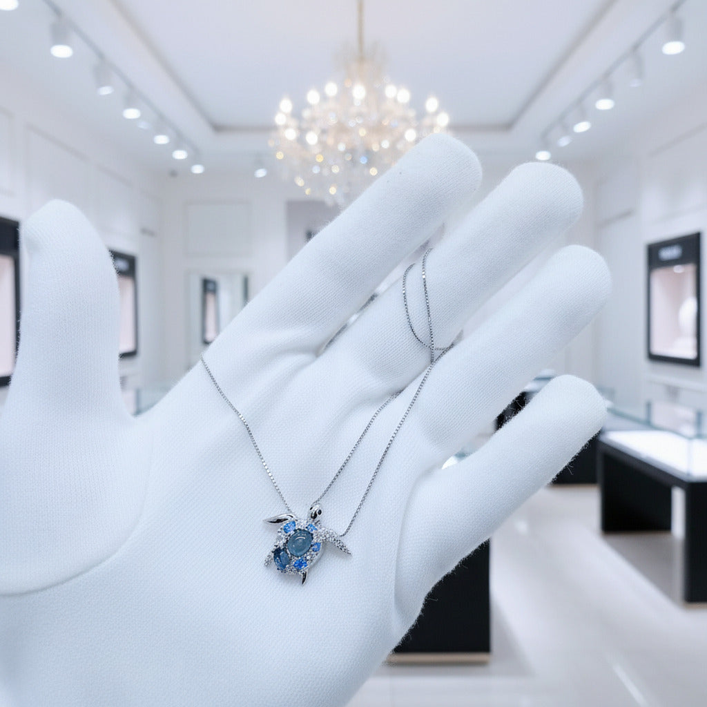 Blue Spinel Sea Turtle Pendant Necklace with Diamond-Black Diamonds New York