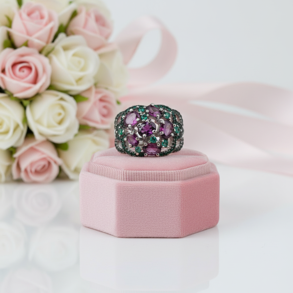 Art Deco 2.30Ct Rhodolite Garnet Birthstone Ring-Black Diamonds New York