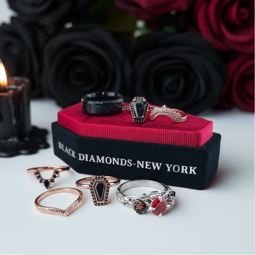 Married Till Buried Personalized Coffin Ring Box-Black Diamonds New York
