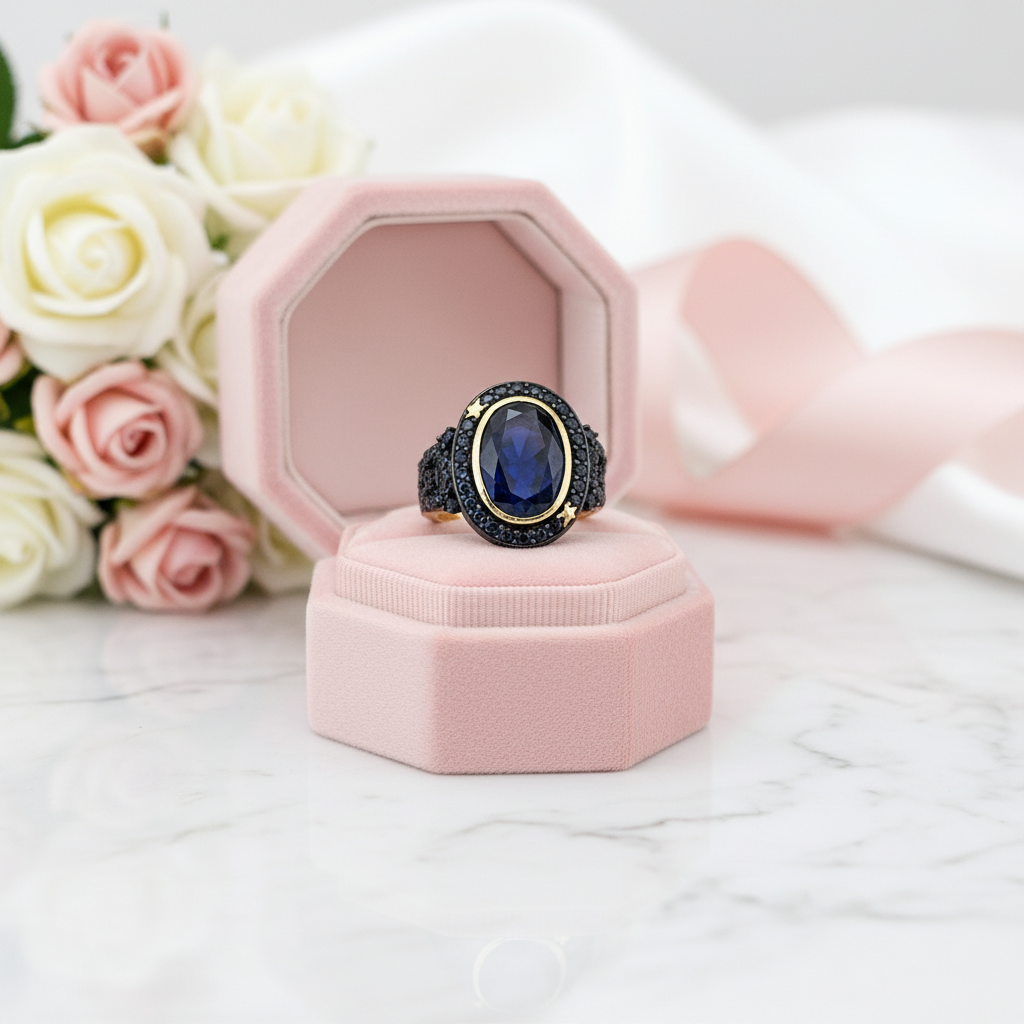 Vintage Natural Gemstone Statement Art Deco Engagement Ring-Black Diamonds New York