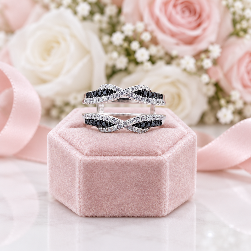 Two silver-toned rings with black and white gemstone bands are displayed on a pink velvet jewelry box, with soft pink and white roses and a ribbon in the background.