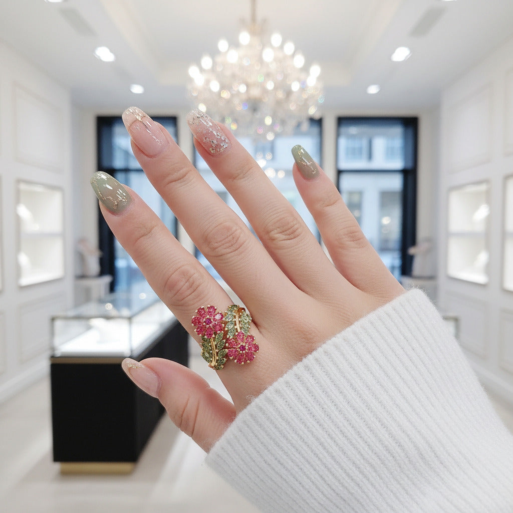 Colorful Tourmaline & Orange Corundum Flower Ring-Black Diamonds New York