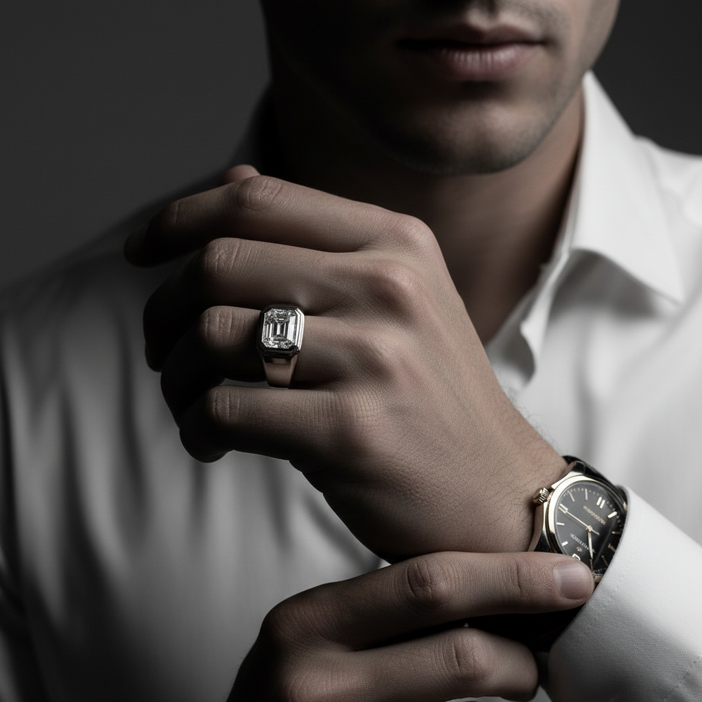 Man wearing a watch and ring, with a focus on the jewelry against a neutral background