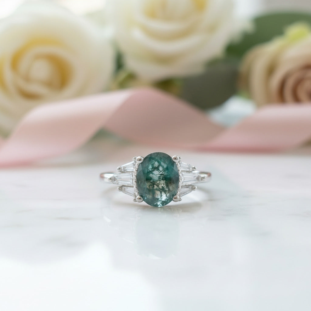Oval Cut Natural Moss Agate 4 Prong Engagement Ring-Black Diamonds New York