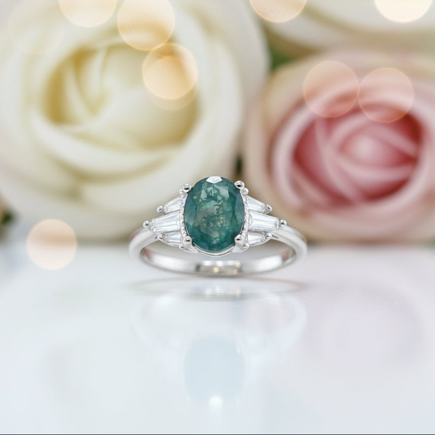 Oval Cut Natural Moss Agate 4 Prong Engagement Ring-Black Diamonds New York