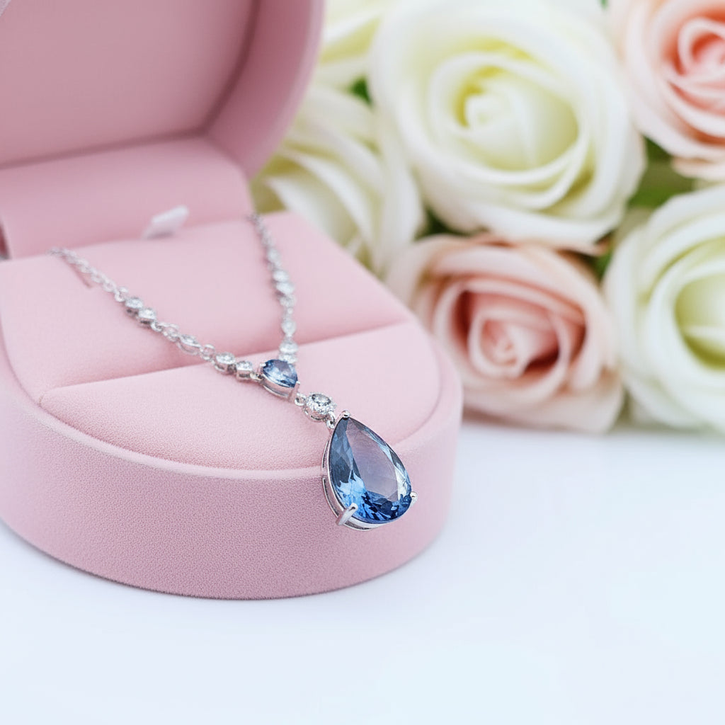 Pear-cut Lolite Blue Mystic Quartz Pendant Necklace-Black Diamonds New York