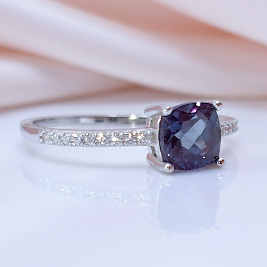 Cushion Cut Alexandrite Gemstone Engagement Ring-Black Diamonds New York