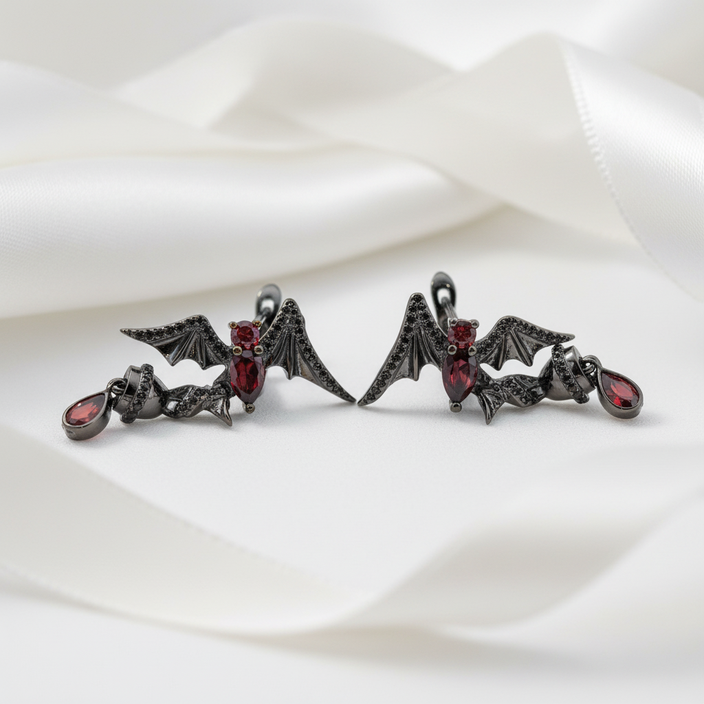 Bat Shaped Natural Garnet Vintage Gothic Punk Earrings-Black Diamonds New York