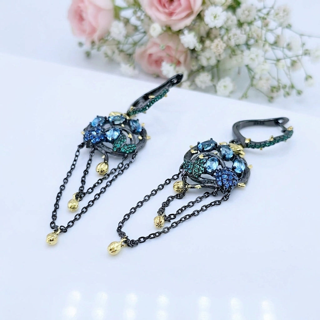 Swiss Blue Topaz Handmade Gold Bee on Branch Drop Earrings-Black Diamonds New York