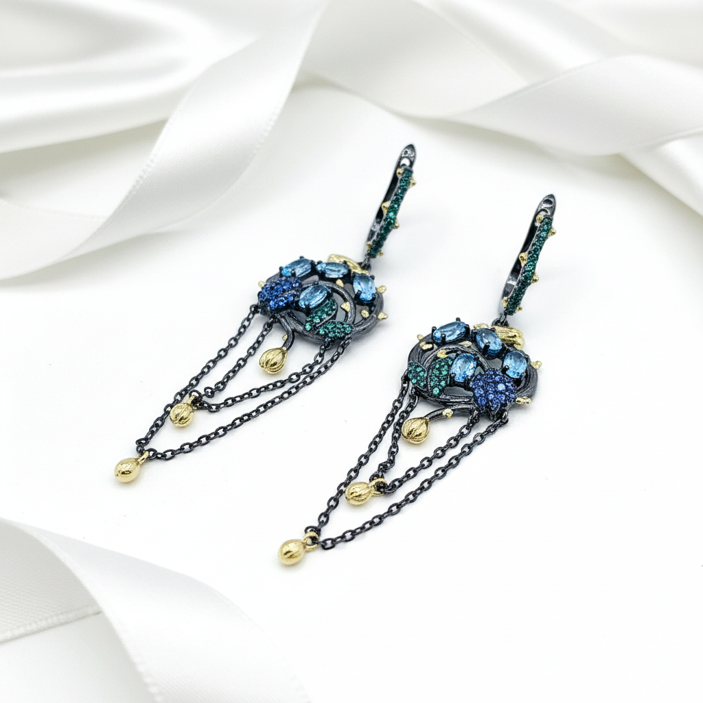 Swiss Blue Topaz Handmade Gold Bee on Branch Drop Earrings-Black Diamonds New York