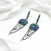 Swiss Blue Topaz Handmade Gold Bee on Branch Drop Earrings-Black Diamonds New York