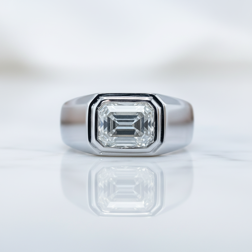 A silver-toned signet ring featuring a large emerald-cut clear gemstone, displayed on a reflective white surface against a soft, out-of-focus light gray background.