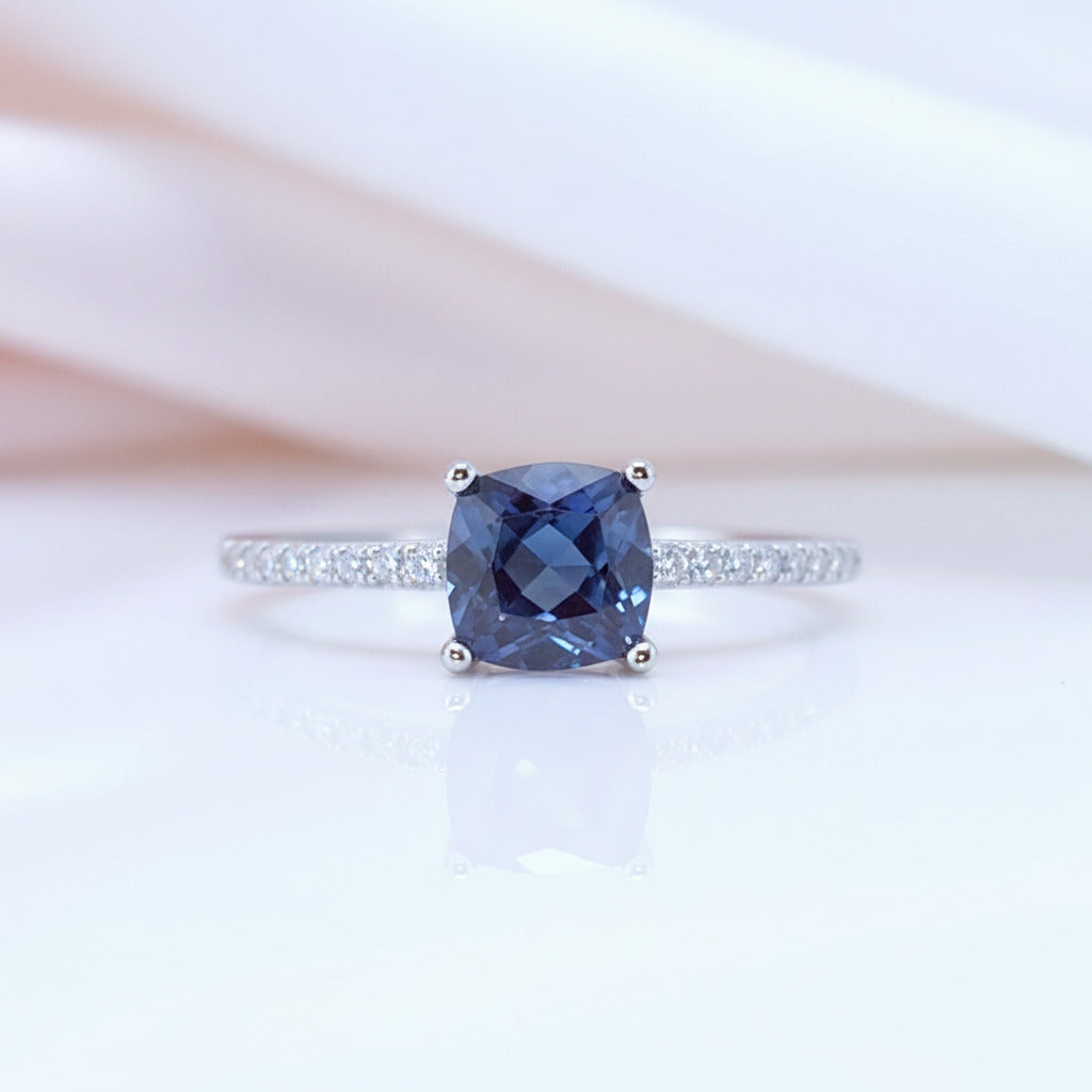 Cushion Cut Alexandrite Gemstone Engagement Ring-Black Diamonds New York