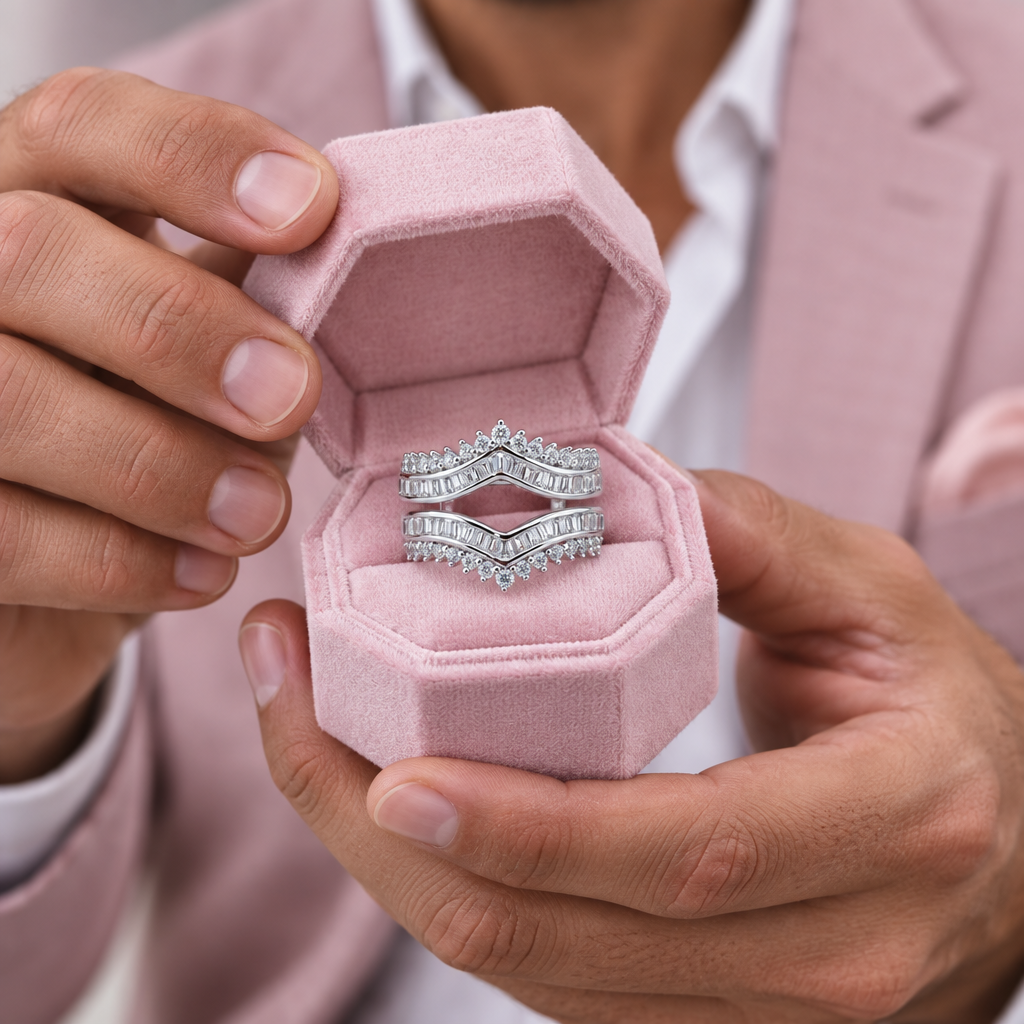A close-up of a person holding an open pink velvet ring box containing two silver ring sets with clear stones. The person is wearing a light pink blazer and white dress shirt.