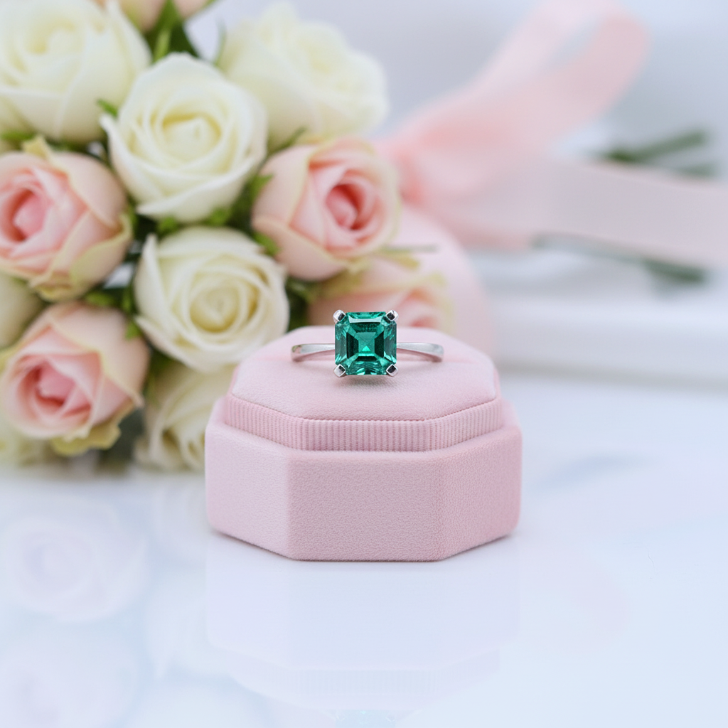 Classic 3.0 Ct Asscher Cut Colombian Cultivated Emerald Engagement Ring-Black Diamonds New York