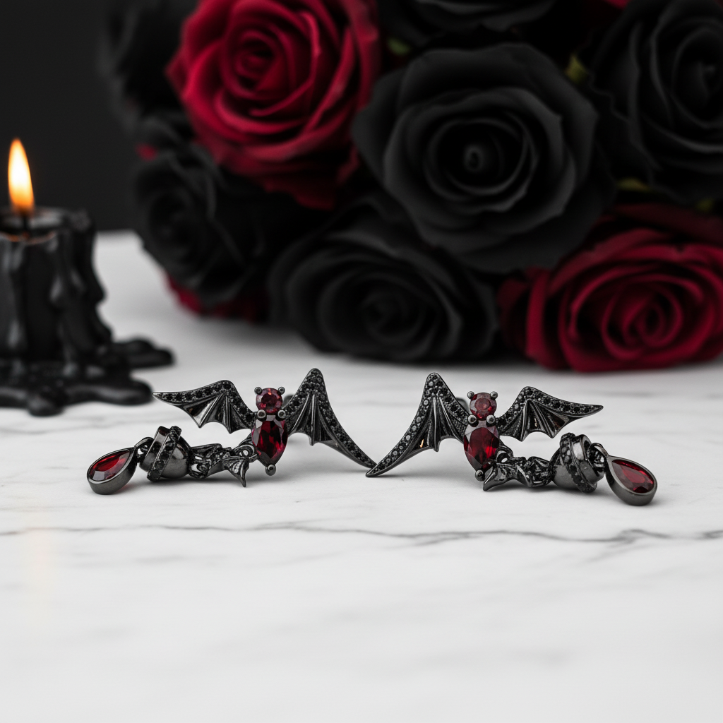 Bat Shaped Natural Garnet Vintage Gothic Punk Earrings-Black Diamonds New York