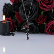 Bat Shaped Natural Garnet Vintage Gothic Punk Necklace-Black Diamonds New York