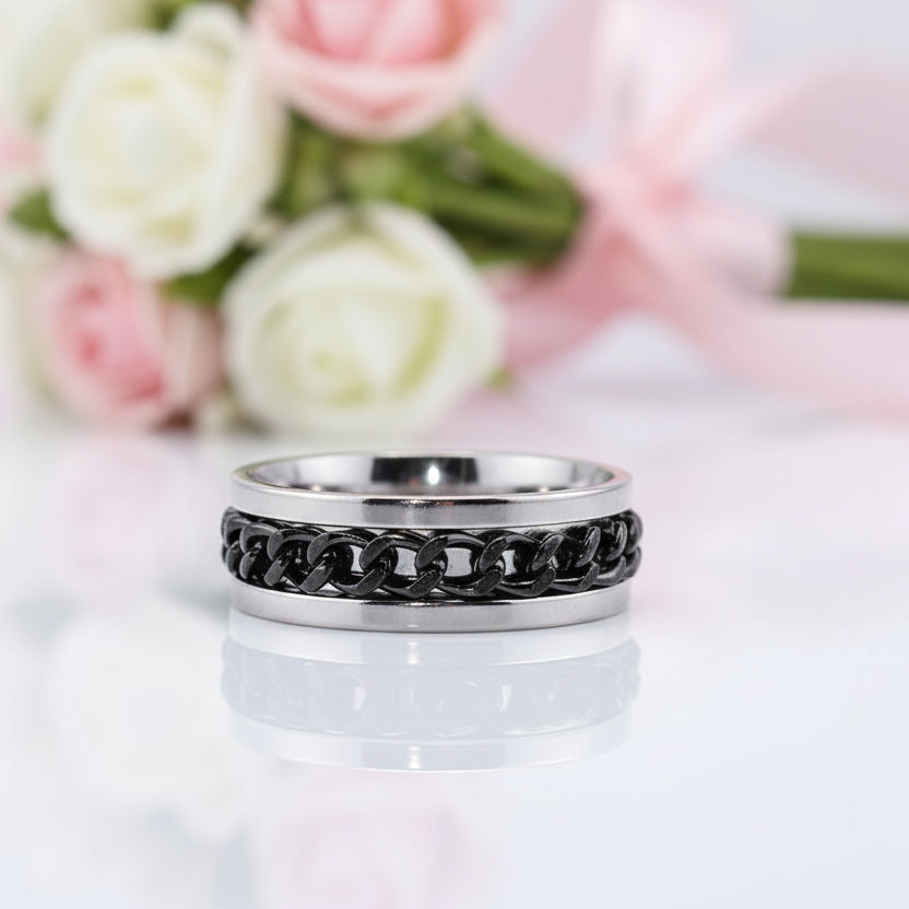 Titanium Stainless Steel Black Chain Spinner Ring-Black Diamonds New York